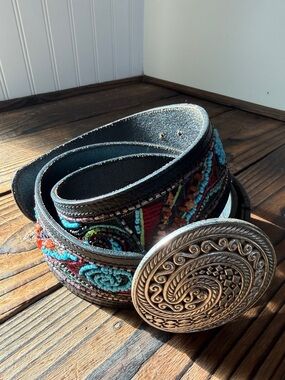 Chico’s Embellished Beaded Leather Belt with Ornate Silver Buckle